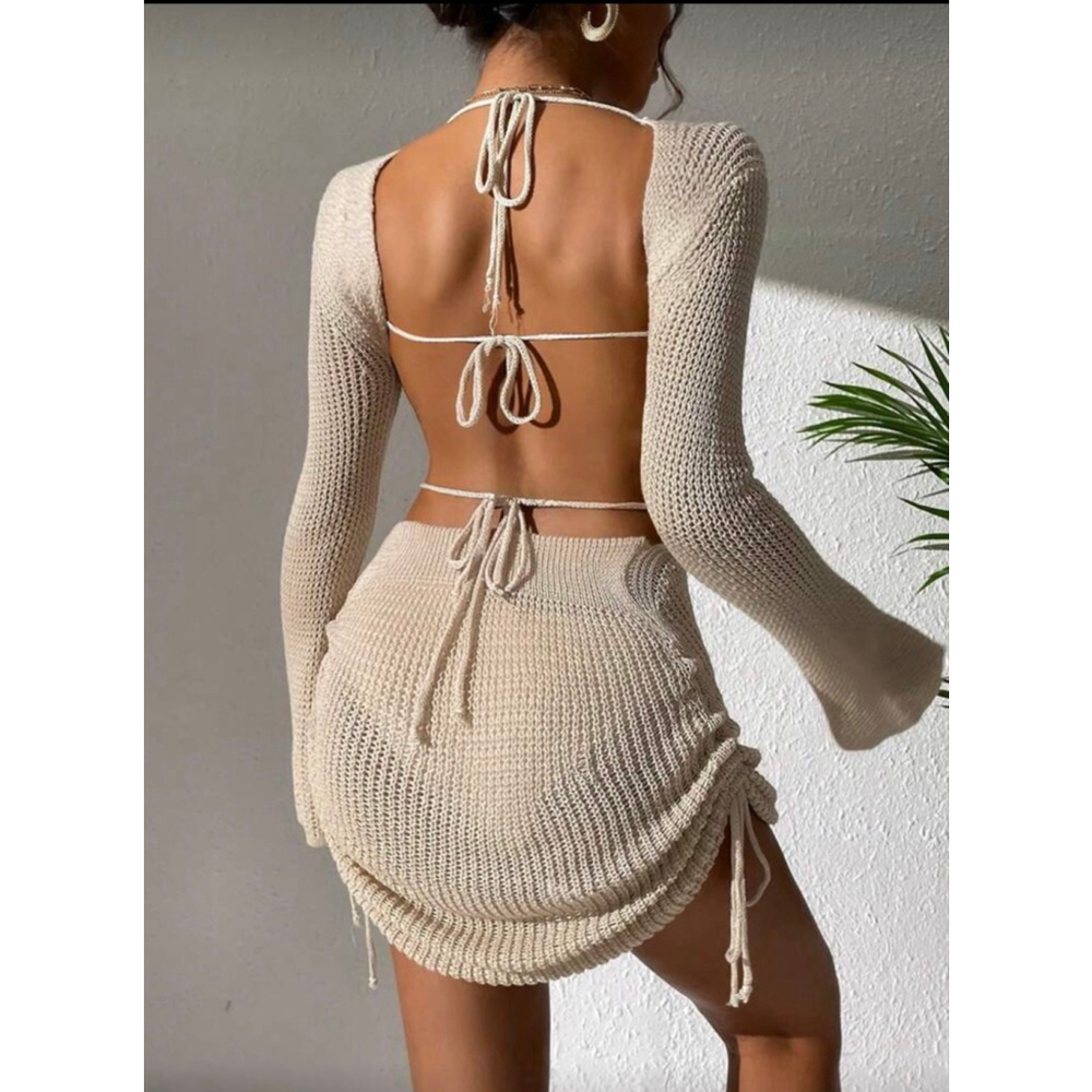 Swim Backless Drawstring Cover Up With Side Tie,Summer Beach.